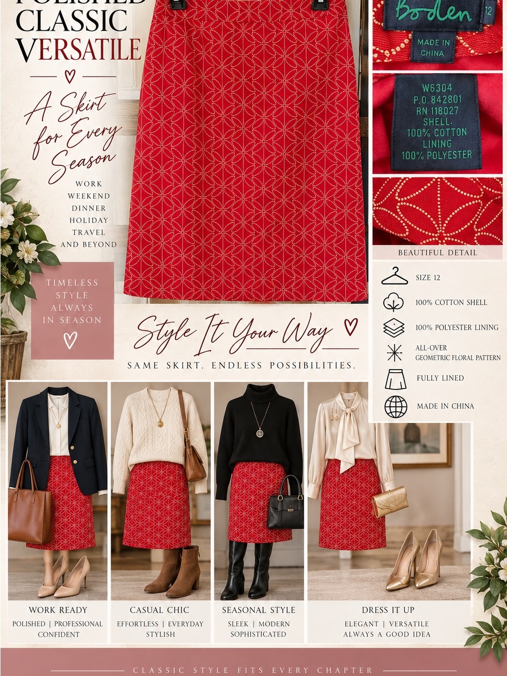 Pristine Vintage - Boden- Red Geometric A-Line Skirt